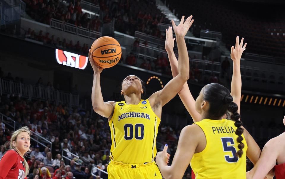 Michigan forward Naz Hillmon shoots the ball against South Dakota during the Sweet 16 game on Saturday, March 26, 2022, in Wichita, Kansas.