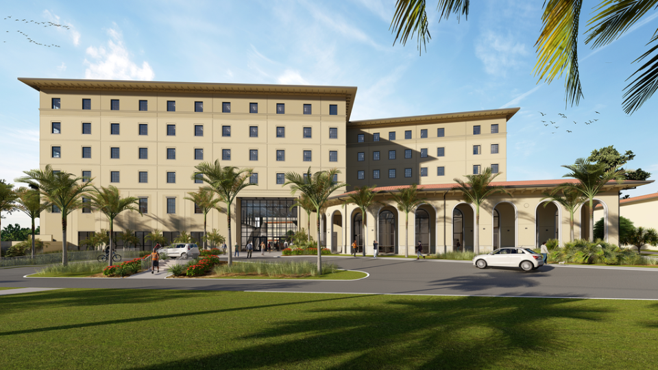 A rendering of the upcoming USF Sarasota-Manatee student housing building as seen from the front. The dorms are slated to open in the fall of 2024.