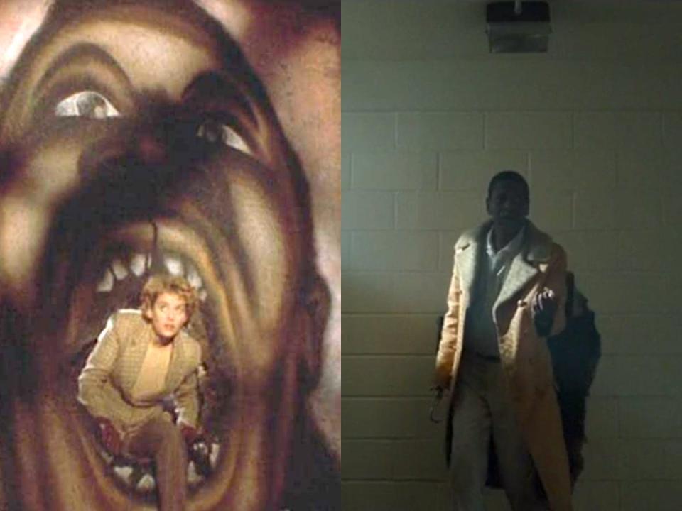 A side by side image of Helen Lyle climbing through a hole in the wall in 1992's "Candyman," and Sherman stepping through a wall with a hole in the new "Candyman."