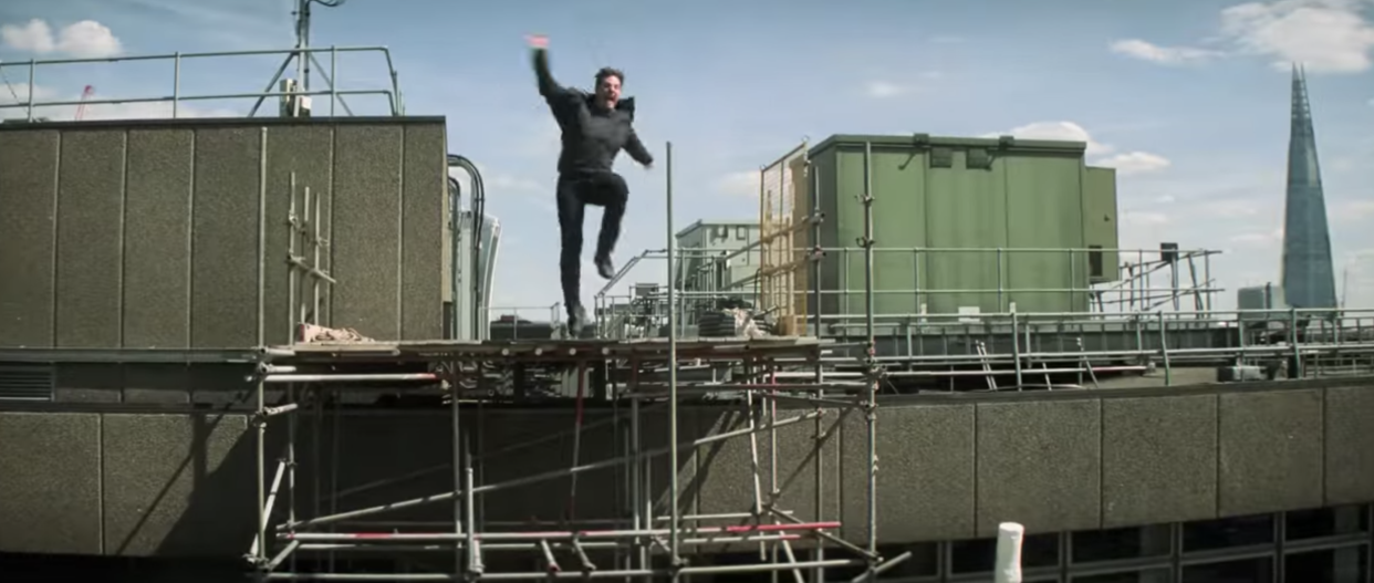 Tom Cruise in the stunt that broke his ankle, as seen in the Super Bowl trailer. (Photo: Paramount)