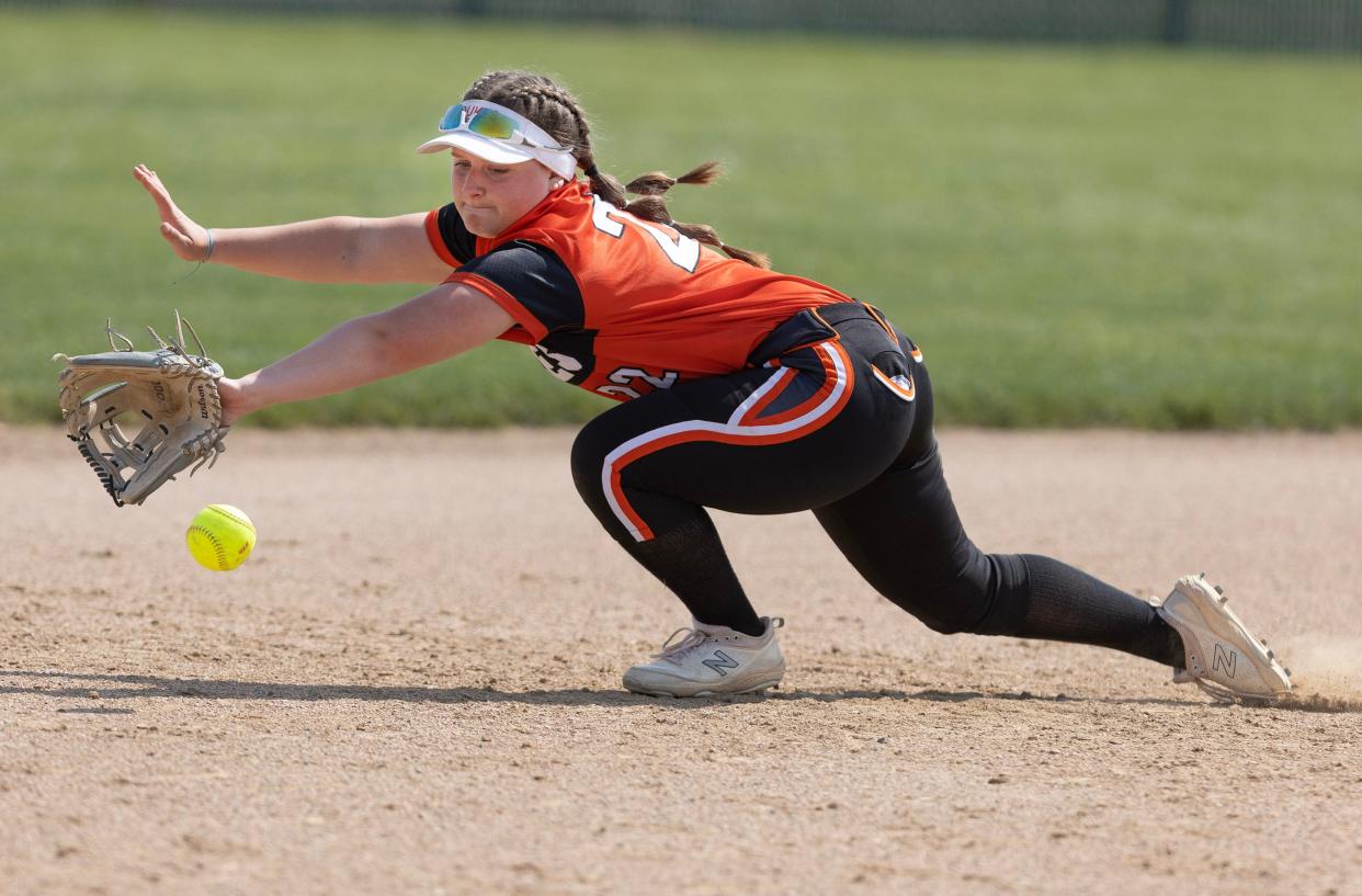 Marlington's Audrey Miller fields a ball in the fifth inning against Aurora during the Division II district final, Thursday, May 18, 2023, in Jefferson.