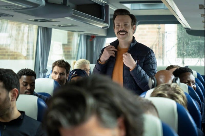 Ted Lasso (Jason Sudeikis) rides the bus to Amsterdam. Photo courtesy of Apple TV+