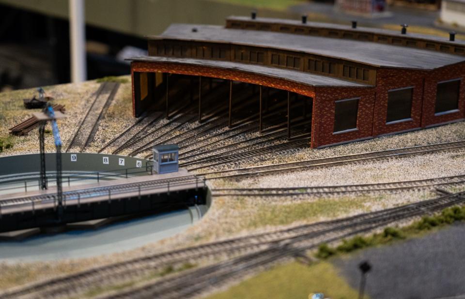A model roundhouse building is part of the Austin Model Railway Society's model display at the Austin 2023 Train Show in the Palmer Events Center, May 6, 2023. The former roundhouse was used to store and repair steam locomotives.