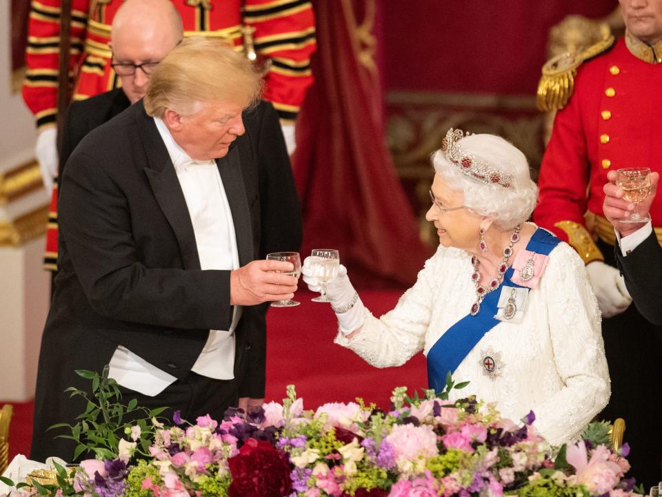 President Donald Trump and Queen Elizabeth II make a toast during a State Banquet at Buckingham Palace on June 3, 2019