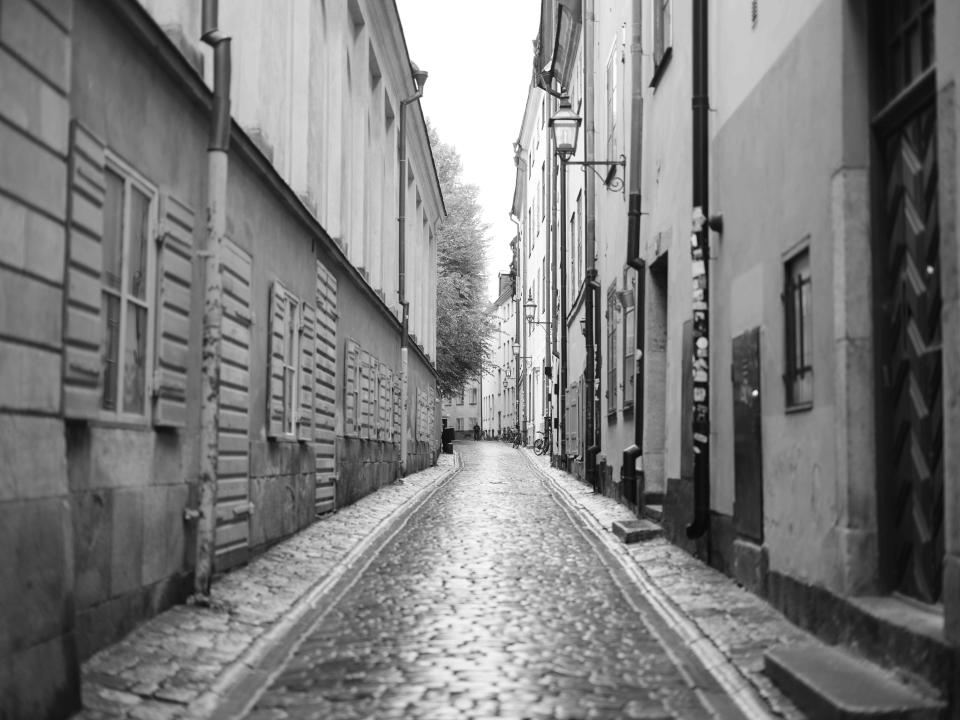 Streets of Stockholm old town in black and white