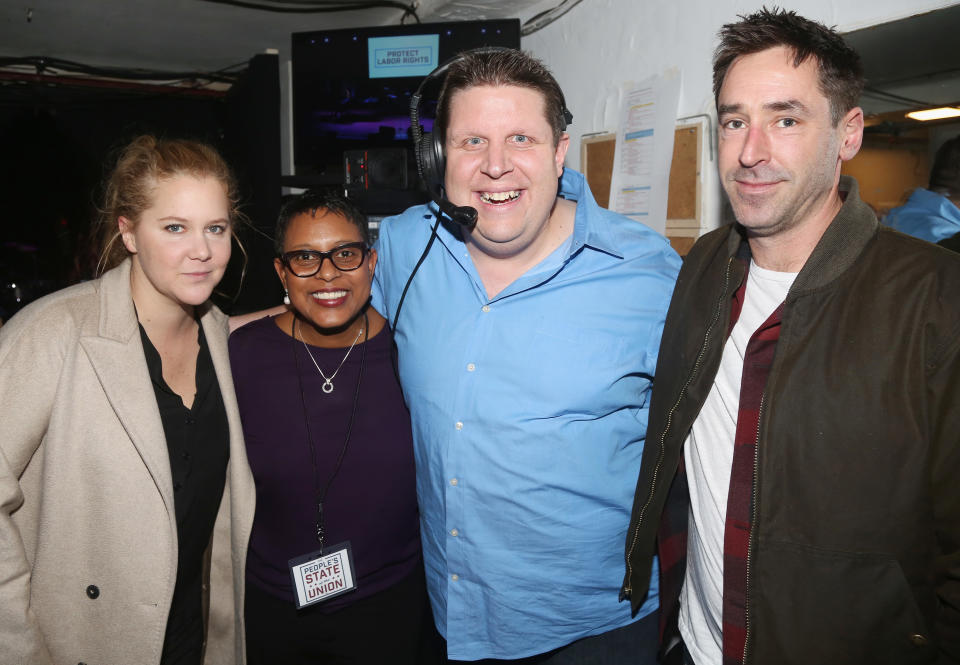 Amy Schume and Chris Fischer attended <i>The People’s State of the Union</i> at Town Hall in NYC on January 29. They posed together, but were separated by director Schele Williams and stage manager Jason Daunter. (Photo: Bruce Glikas/Bruce Glikas/WireImage)