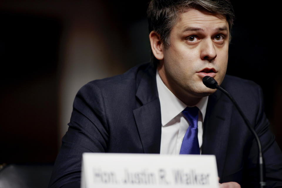 In this May 6, 2020 photo, Justin Walker testifies before a Senate Judiciary Committee hearing on his nomination to be a U.S. circuit judge for the District of Columbia Circuit on Capitol Hill in Washington. (Jonathan Ernst/Pool Photo via AP)