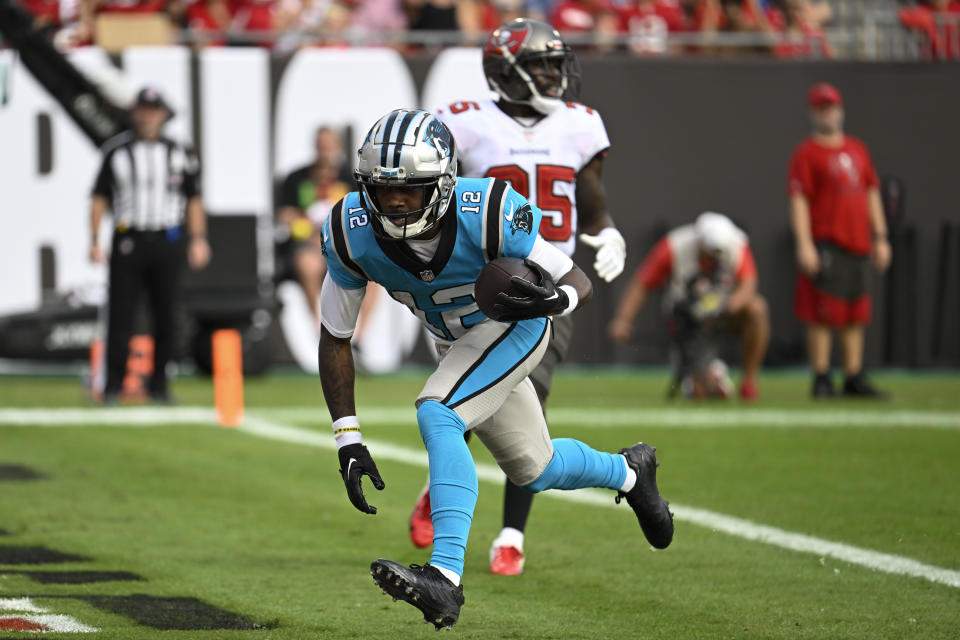 Carolina Panthers wide receiver Shi Smith runs for a touchdown during the second half of an NFL football game between the Carolina Panthers and the Tampa Bay Buccaneers on Sunday, Jan. 1, 2023, in Tampa, Fla. (AP Photo/Jason Behnken)