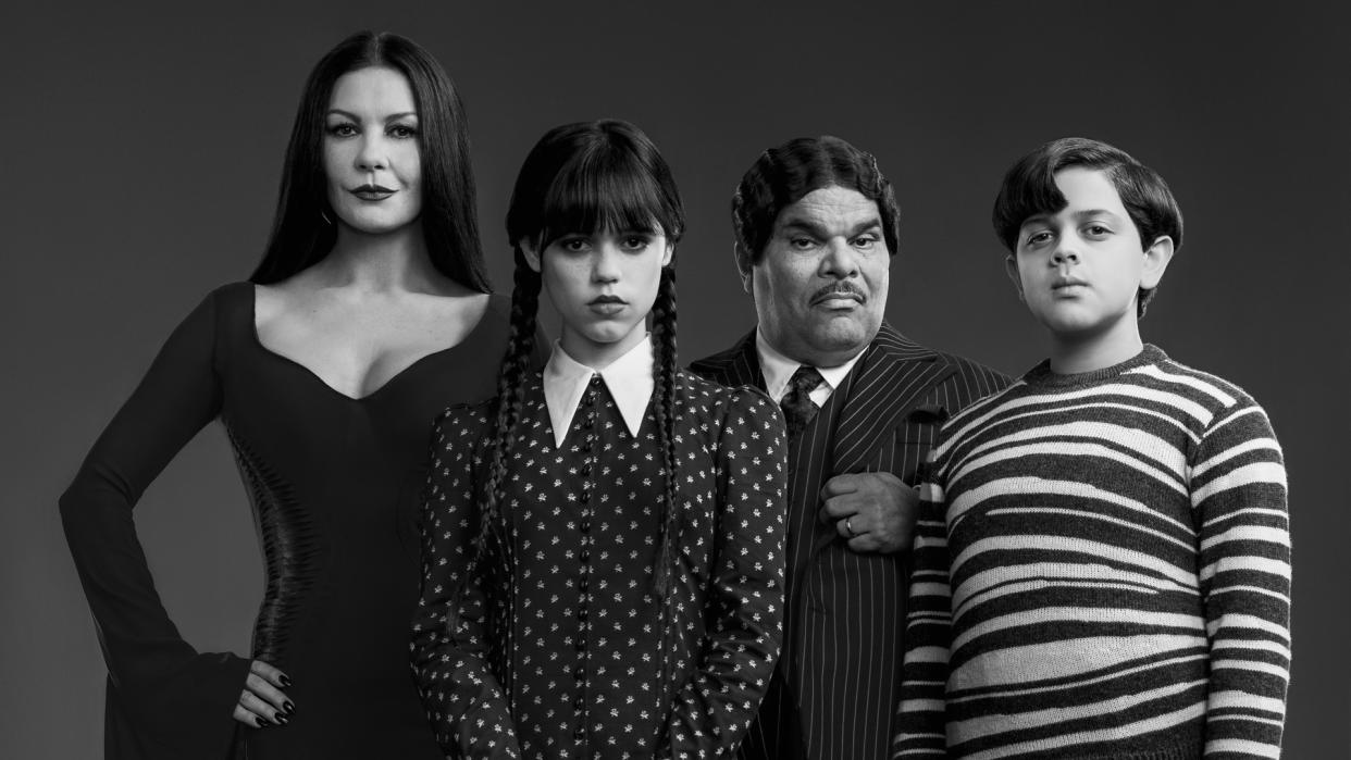  A black and white screenshot of the first image of the Addams Family for Netflix's Wednesday Addams TV show. 