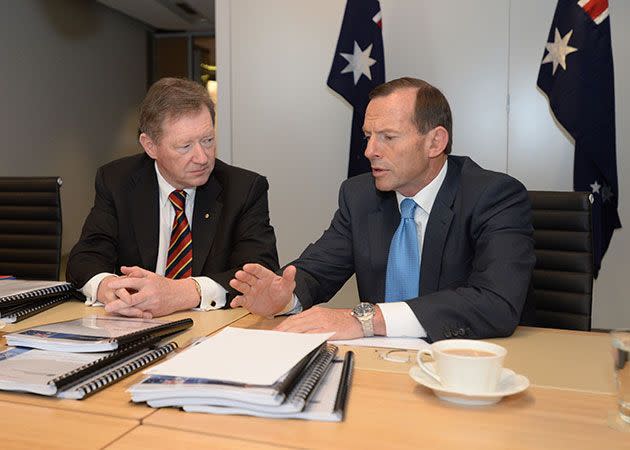 Tony Abbott meets with Prime Minister and Cabinet secretary Ian Watt (left) in Sydney, Credit: AAP