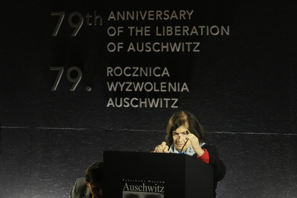 Holocaust survivor Halina Birenbaum speaks during a ceremony at the Birkenau Nazi death camp in Oswiecim, Poland, Saturday, Jan. 27, 2024. Survivors of Nazi death camps marked the 79th anniversary of the liberation of the Auschwitz-Birkenau camp during World War II in a modest ceremony in southern Poland. (AP Photo/Czarek Sokolowski)