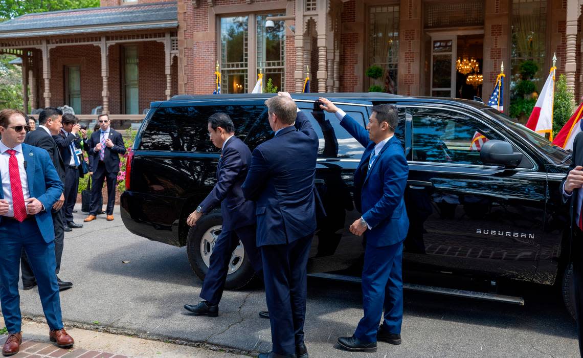 Japanese Prime Minister Fumio Kishida steps from his vehicle upon his arrival at the North Carolina Executive mansion for a luncheon in his honor on Friday, April 12, 2024 in Raleigh, N.C. Robert Willett/rwillett@newsobserver.com