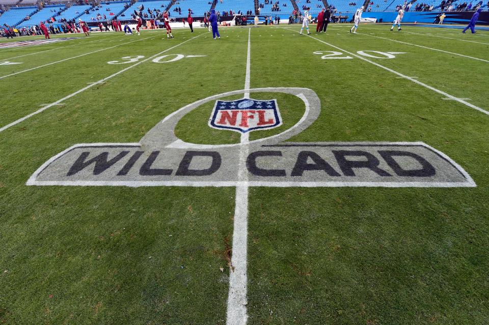 A view of the NFL Wild Card logo on the field before the 2014 NFC Wild Card playoff football game between the Carolina Panthers and the Arizona Cardinals at Bank of America Stadium.