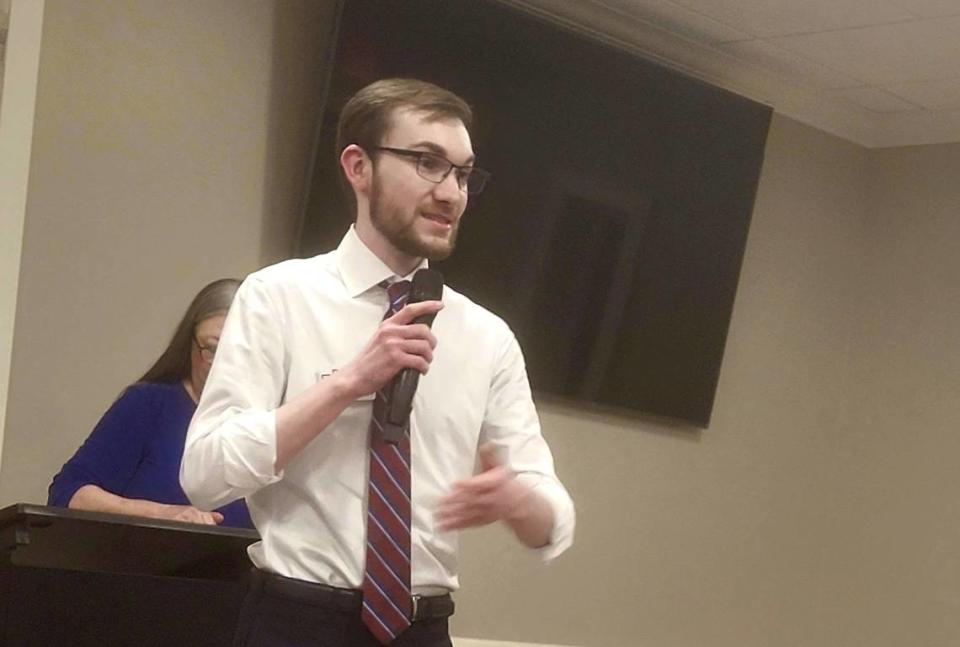 New Mecklenburg County Demcratic Party Chair Drew Kromer speaks April 17 during a pre-convention event. Kromer was elected chair April 22.