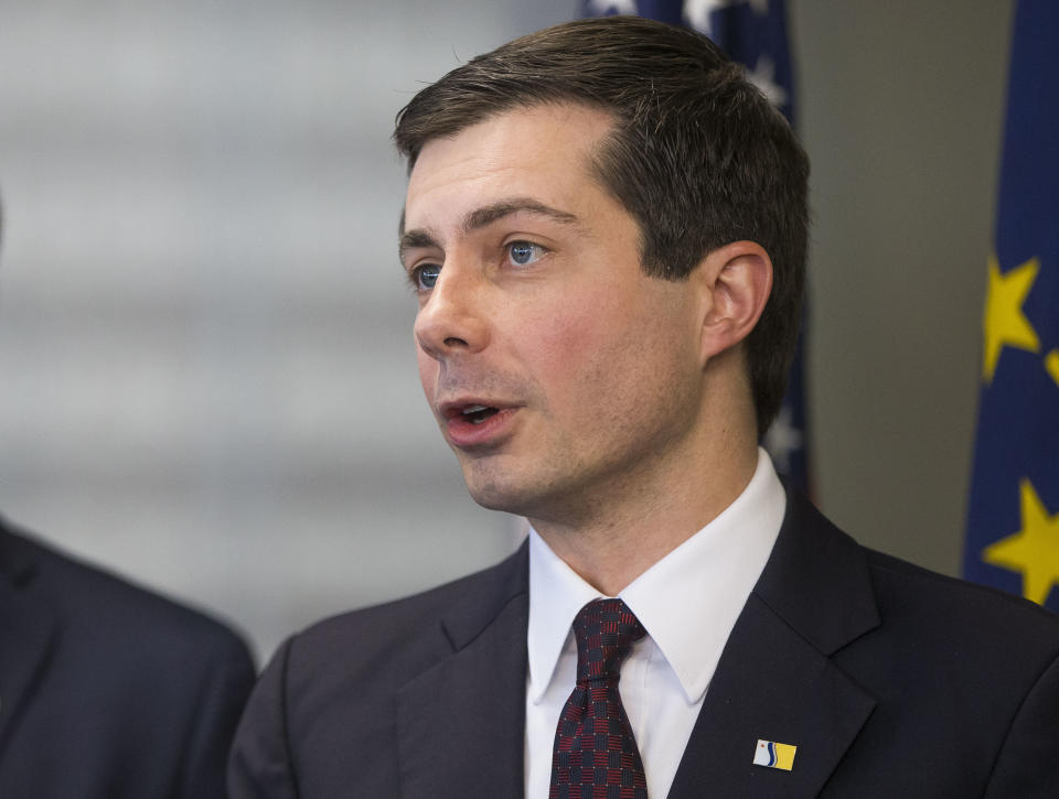 FILE - In this Dec. 17, 2018, file photo, South Bend (Ind.) Mayor Pete Buttigieg announces that he will not seek another term as mayor during a news conference at his office in South Bend, Ind. Few people know Buttigieg’s name outside the Indiana town where he’s mayor, but none of that has deterred him from contemplating a 2020 Democratic presidential bid. (Robert Franklin/South Bend Tribune via AP)