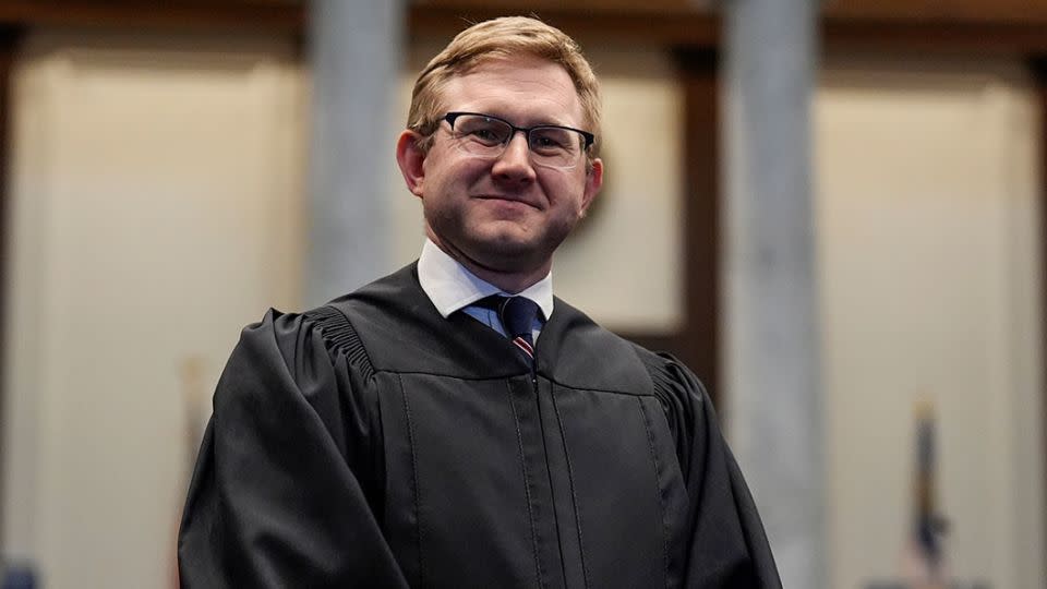 Georgia Supreme Court Justice Andrew Pinson poses for a photo, Wednesday, April 17, 2024, in Atlanta. Georgia Republican Gov. Brian Kemp announced on Tuesday, May 14, 2024, that his political committee would spend $500,000 to support Pinson in his nonpartisan election race against John Barrow for Supreme Court Justice. - Mike Stewart/AP