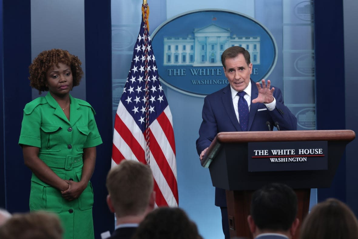 Coordinator for Strategic Communications at the National Security Council John Kirby speaks on March 20, 2023, as White House Press Secretary Karine Jean-Pierre listens during a White House daily news briefing at the James S. Brady Press Briefing Room in Washington, D.C. (Photo by Alex Wong/Getty Images)