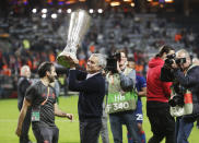 <p>There were high ponits too. He took the club to Europa League glory with a 2-0 victory over Ajax in Stockholm (Getty) </p>