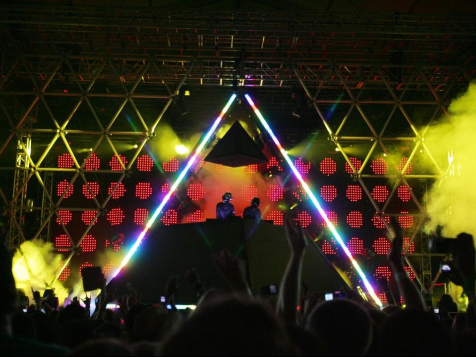 Daft Punk debuted their pyramid stage set-up at Coachella 2006. (Karl Walter/Getty Images)