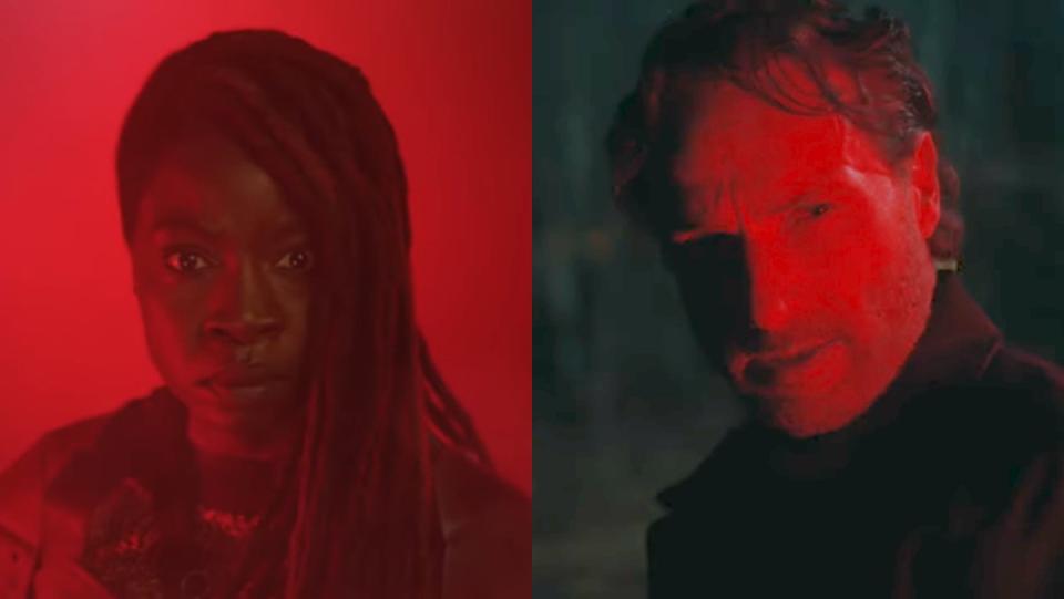 split image of rick grimes and michonne with red light on their faces for The Ones Who Live teaser trailer