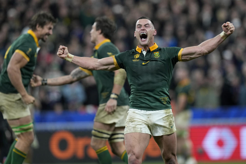 South Africa's Jesse Kriel celebrates after the Rugby World Cup final match between New Zealand and South Africa at the Stade de France in Saint-Denis, near Paris Saturday, Oct. 28, 2023. South Africa won the match 12-11. (AP Photo/Thibault Camus)