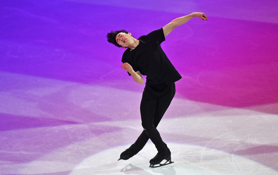 World Champion Nathan Chen of the USA performs during the Gala Exhibition at the Figure Skating World Championships in Stockholm, Sweden, Sunday, March 28, 2021. (AP Photo/Martin Meissner)