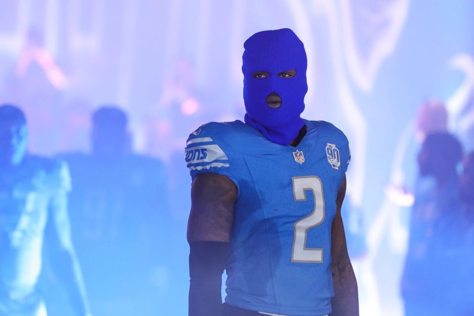Detroit Lions safety C.J. Gardner-Johnson with a ski mask ready to take the field against the Seattle Seahawks at Ford Field in Detroit on Sunday, Sept. 17, 2023.