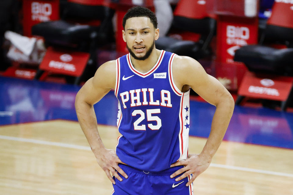 PHILADELPHIA, PENNSYLVANIA - MARCH 01: Ben Simmons #25 of the Philadelphia 76ers calls to teammates during the third quarter against the Indiana Pacers at Wells Fargo Center on March 01, 2021 in Philadelphia, Pennsylvania. NOTE TO USER: User expressly acknowledges and agrees that, by downloading and or using this photograph, User is consenting to the terms and conditions of the Getty Images License Agreement. (Photo by Tim Nwachukwu/Getty Images)