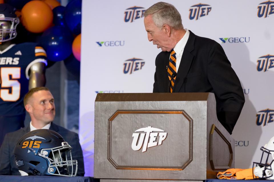 UTEP radio sports announcer Jon Teicher introduced Scotty Walden as the new UTEP head football coach on Wednesday, Dec. 6, 2023, at a press conference at the Larry K. Durham Sports Center on campus.