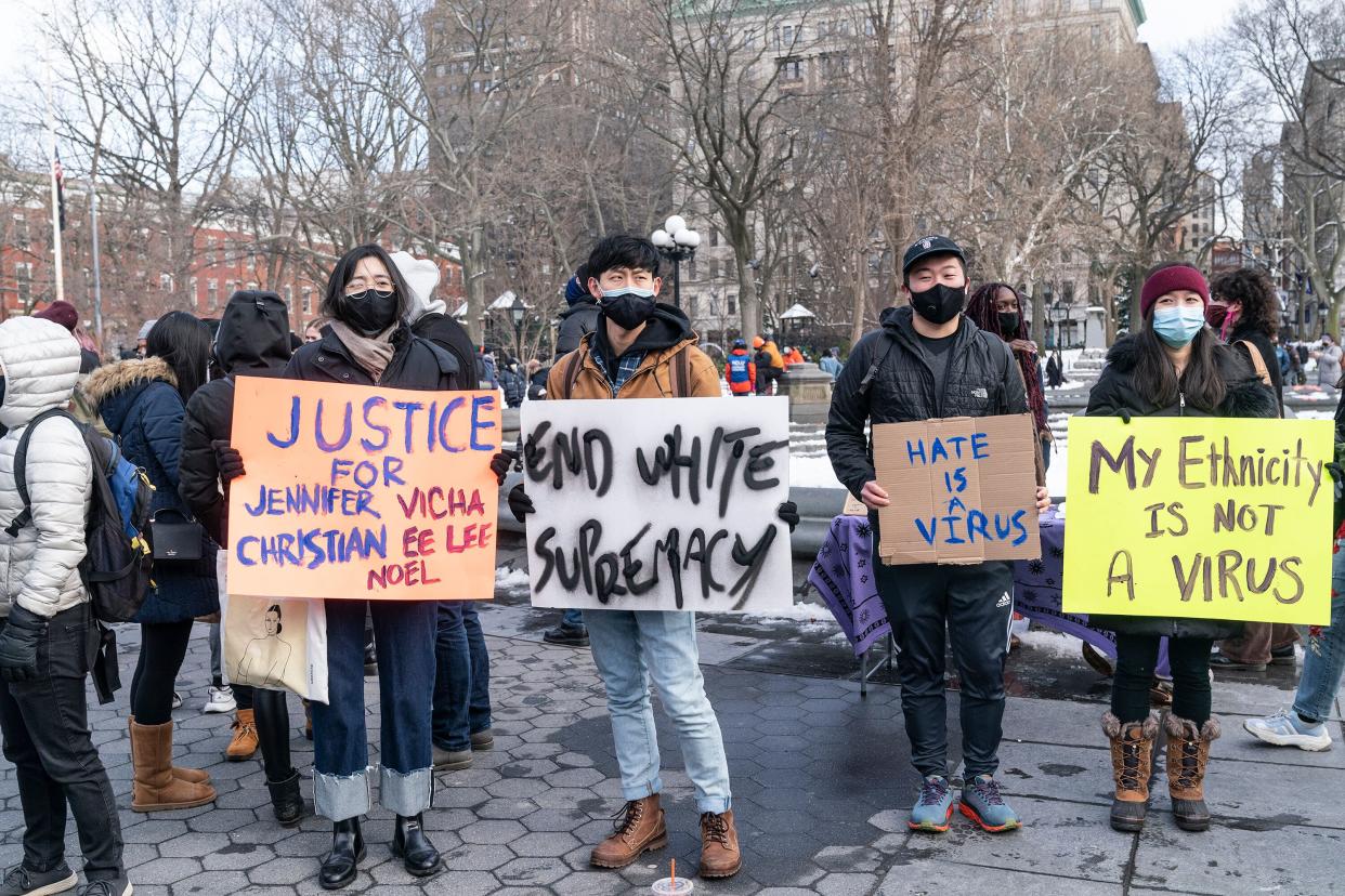 More than 200 people gather in Washington Square Park in New York City on Feb. 20 to rally in support of the Asian community and against hate crimes and white nationalism. (Photo: Pacific Press/Getty Images)