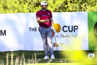 Tyrrell Hatton reacts after his tee shot at the fifth hole during the first round of the CJ Cup golf tournament at Shadow Creek Golf Course, Thursday, Oct. 15, 2020, in North Las Vegas. (Chase Stevens/Las Vegas Review-Journal via AP)