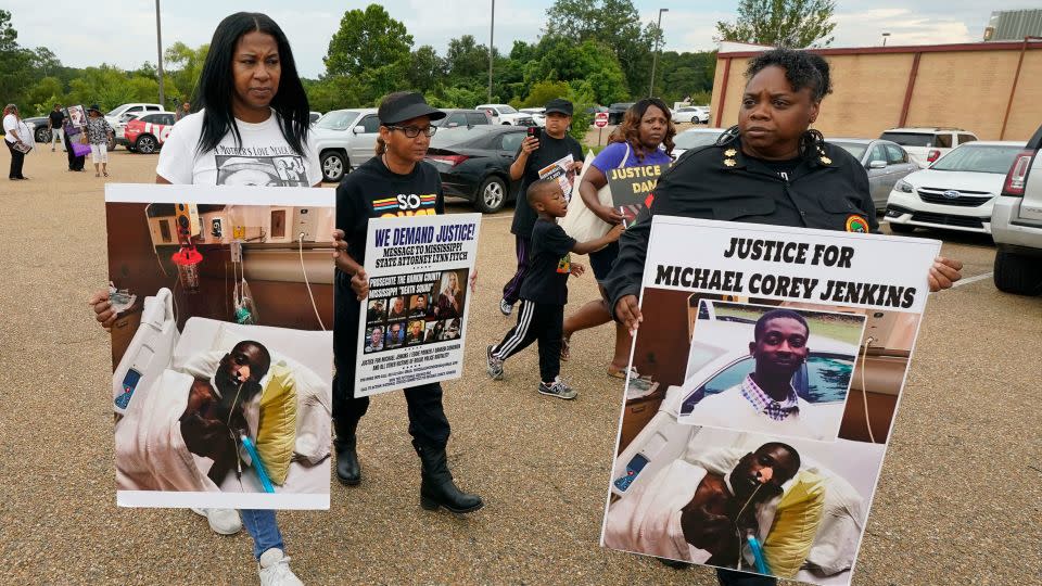 Activists march towards the Rankin County Sheriff's Office in Brandon, Miss., on July 5, 2023, calling for the termination and prosecution of Rankin County Sheriff Bryan Bailey. - Rogelio V. Solis/AP