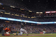 Pittsburgh Pirates' Bryan Reynolds strikes out with the bases loaded during the seventh inning of the team's baseball game against the San Francisco Giants, Friday, April 26, 2024, in San Francisco. (AP Photo/Godofredo A. Vásquez)