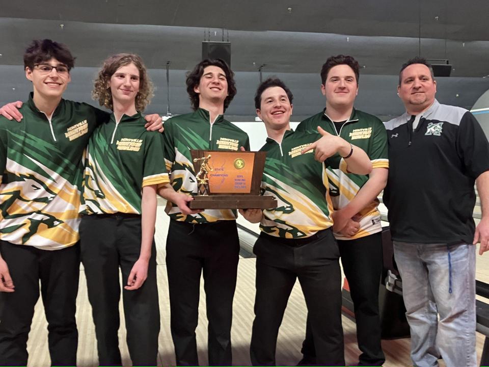 NJSIAA team bowling finals at Bowlero North Brunswick on Tuesday, Feb. 27, 2024. Montville outlasted Toms River East in the Group 3 boys final, 2 games to 1, to complete an undefeated season and win the program's third state title.