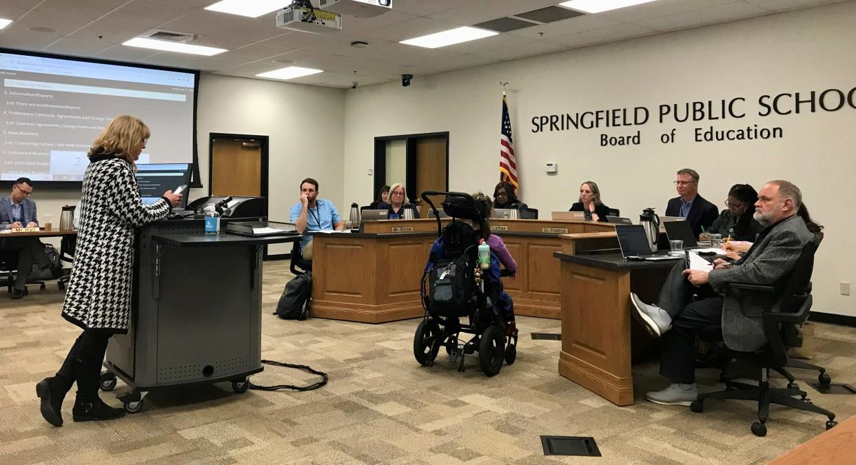 Teresa Tolbirt, a special education paraprofessional in Springfield Public Schools, spoke to the school board Tuesday about how changes to the pay frequency for hourly employees will impact her family.