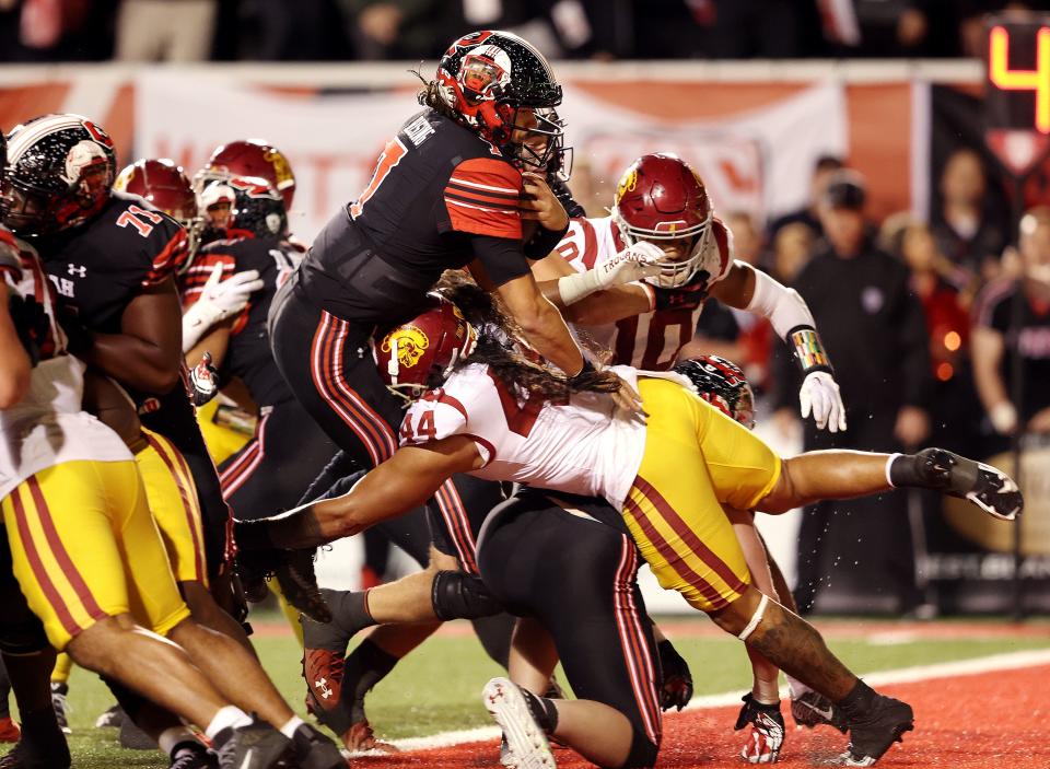 Utah quarterback Cam Rising scores touchdown against USC play at Rice-Eccles Stadium in Salt Lake City, Oct. 15, 2022.