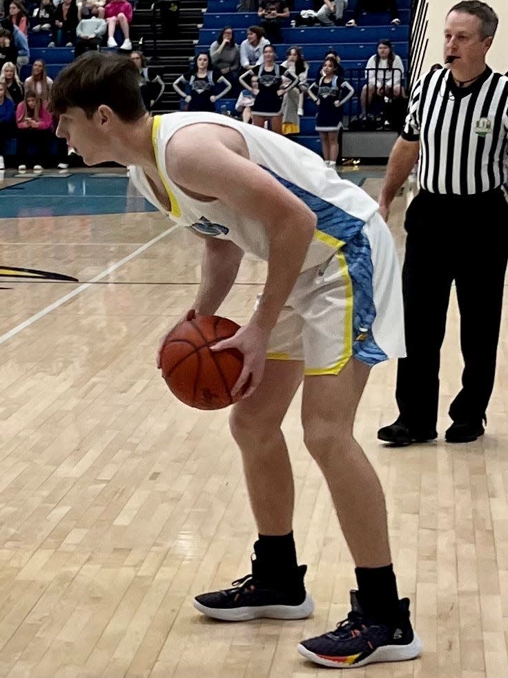 River Valley's Carson Myers squares up in the corner while playing Highland Thursday night in a home boys basketball game in the Mid Ohio Athletic Conference.