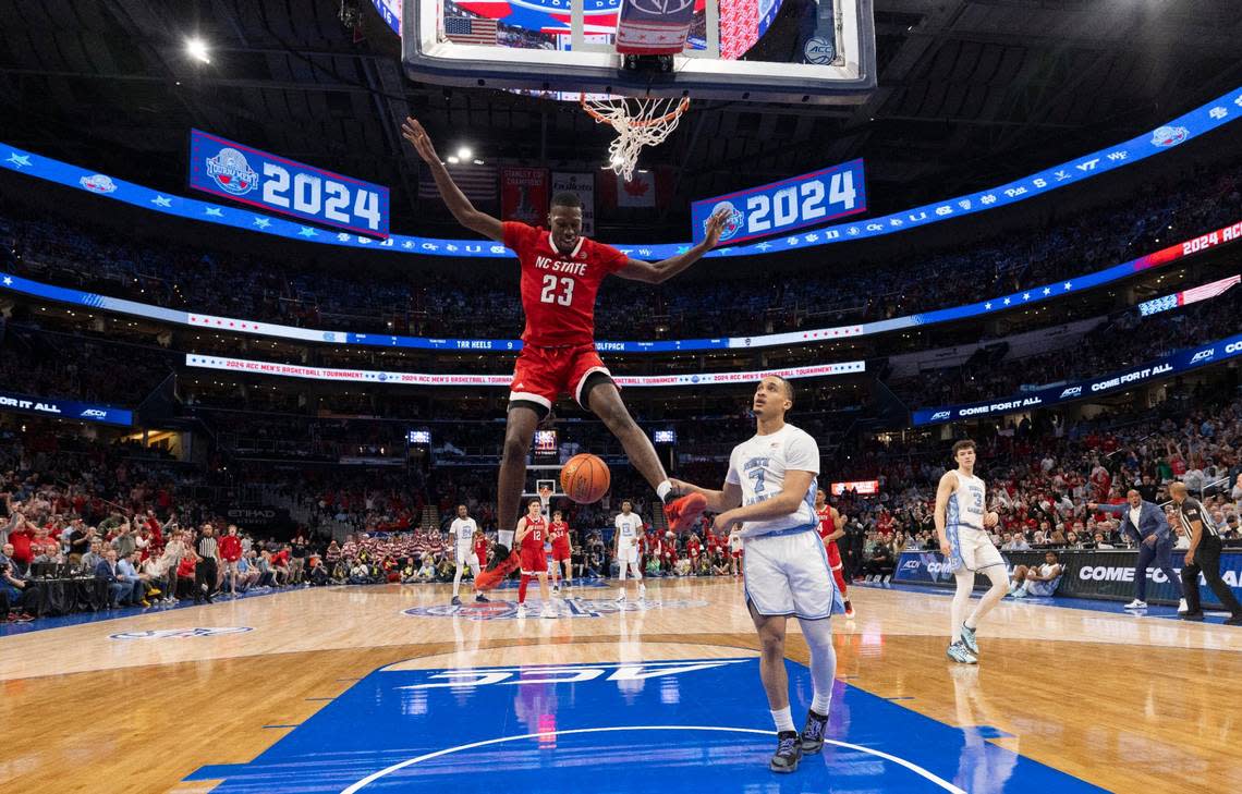 N.C. State’s Mohamed Diarra (23) dunks over North Carolina’s Seth Trimble (7) in the first half during the ACC Men’s Basketball Tournament Championship at Capitol One Arena on Saturday, March 16, 2024 in Washington, D.C.
