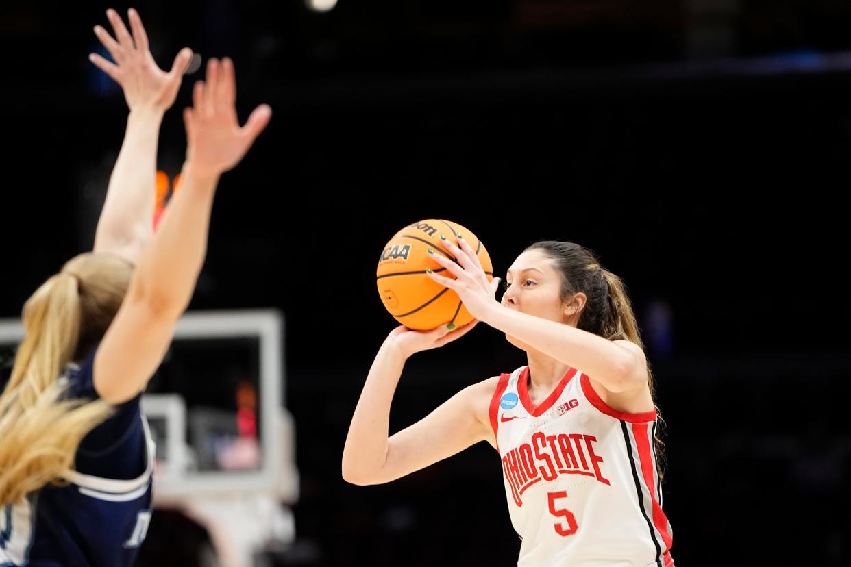 Mar 22, 2024; Columbus, OH, USA; Ohio State Buckeyes guard Emma Shumate (5) hits a three pointer during the second half of the women’s basketball NCAA Tournament first round game against the Maine Black Bears at Value City Arena. Ohio State won 80-57.