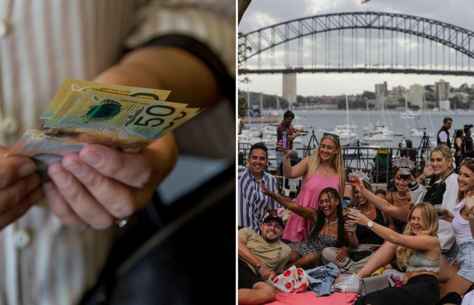 Compilation image of hand holding $50 notes and people celebrating under the Sydney harbour bridge to represent mental load