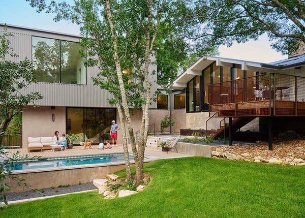 Old meets new at this residence in West Lake Hills. Murray Legge Architecture took an existing mid-century home and integrated a two-story addition, both of which frame an intimate backyard with a newly constructed pool. Sustainable elements, including solar panels and a rainwater collection system, were central to the design.