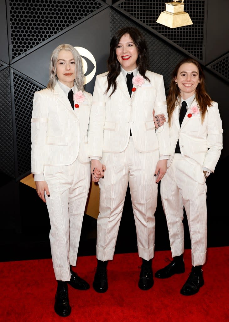 (L-R) Phoebe Bridgers, Lucy Dacus, and Julien Baker of 'boygenius' attend the 66th GRAMMY Awards at Crypto.com Arena on February 04, 2024 in Los Angeles, California.