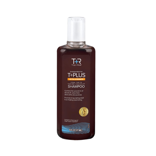 bottle of True+ Real Coal Tar Shampoo against white background