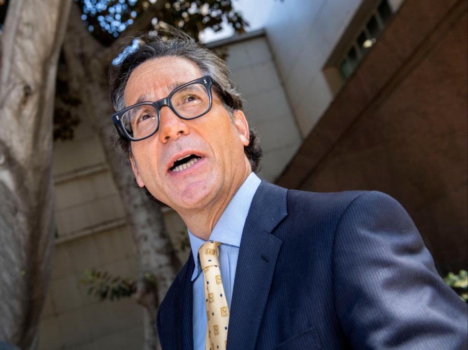 Britney Spears’ lawyer Mathew S Rosengart speaks to reporters as he leaves the LA County Courthouse after a scheduled hearing in the guardianship case (VALERIE MACON/AFP via Getty Images)