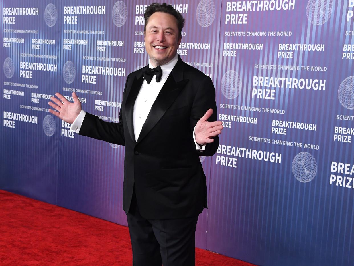 Elon Musk arrives at the 10th Annual Breakthrough Prize Ceremony at Academy Museum of Motion Pictures on April 13, 2024 in Los Angeles, California.