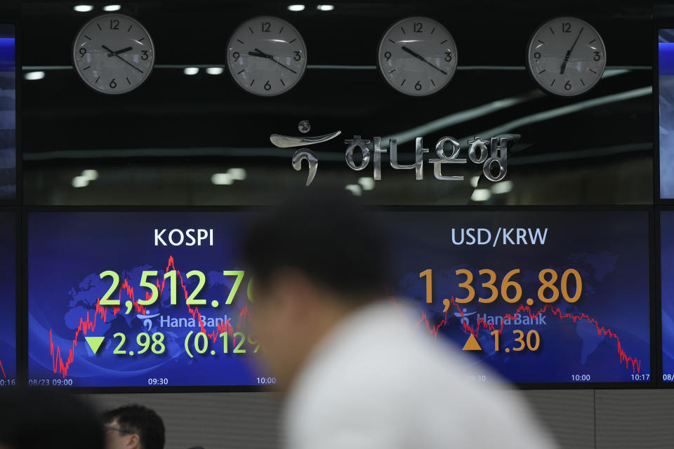 A currency trader walks by the screens showing the Korea Composite Stock Price Index (KOSPI), left, and the foreign exchange rate between U.S. dollar and South Korean won at a foreign exchange dealing room in Seoul, South Korea, Wednesday, Aug. 23, 2023. Asian markets were trading mixed Wednesday ahead of Fed Chair Jerome Powell's highly anticipated speech later in the week. (AP Photo/Lee Jin-man)