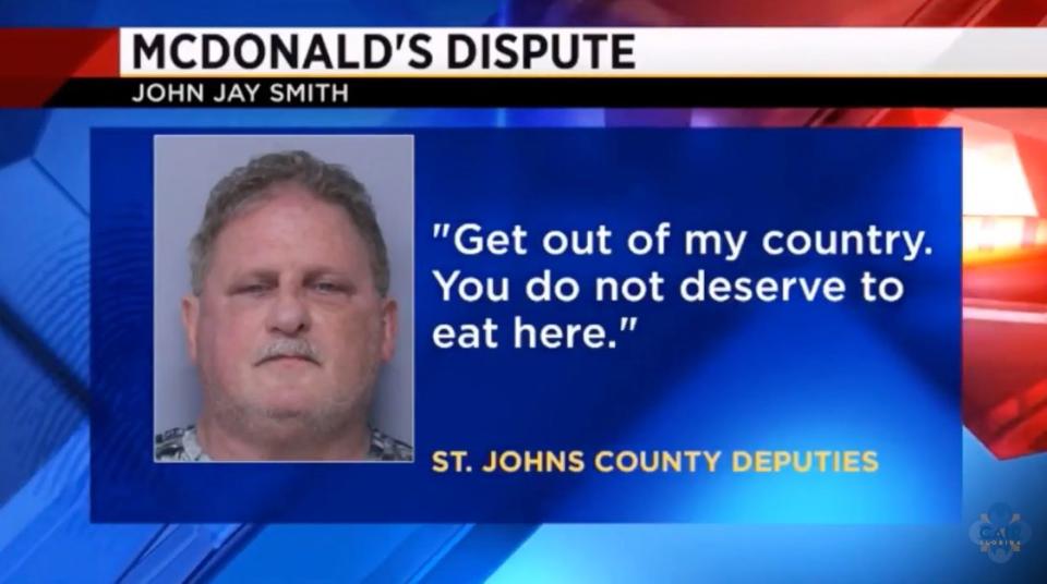 John Jay Smith, 60, faces multiple felony charges for threatening Muslim students with weapons while they were eating outside a McDonald's in Florida. (Photo: Youtube)