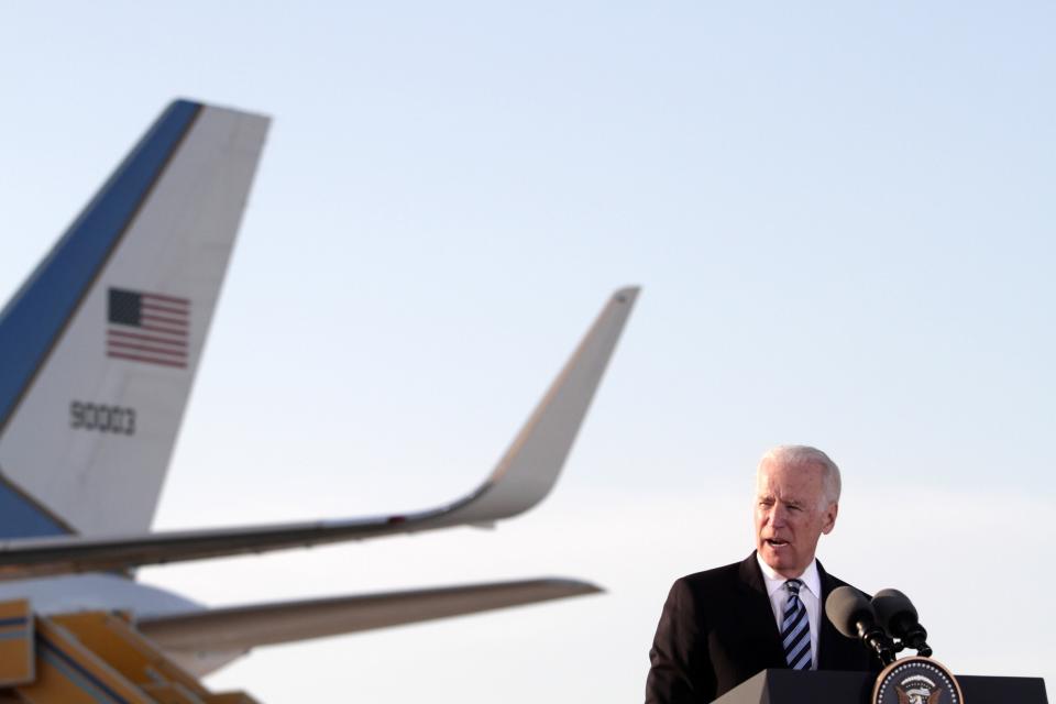 US Vice President Joe Biden delivers a speech after arriving on May 21,2014 at Larnaca airport in the Cypriot southern port city. Biden is on a visit to Cyprus for talks on the divided Mediterranean island's peace process and its ties with Moscow given Russia's role in Ukraine.