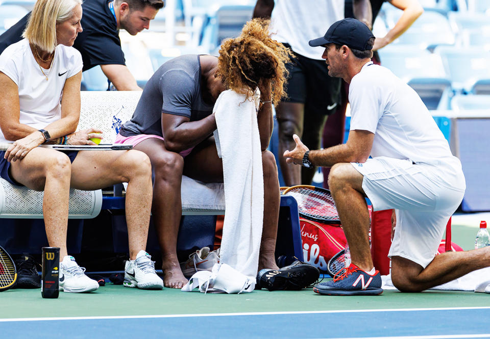 Serena Williams, pictured here looking emotional after finishing her practice session at the US Open.