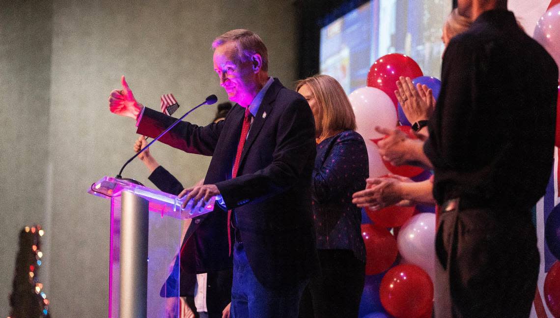 U.S. Sen. Mike Crapo, R-Idaho, gives a victory speech during an Idaho GOP watch party Tuesday at The Grove Hotel in Boise.
